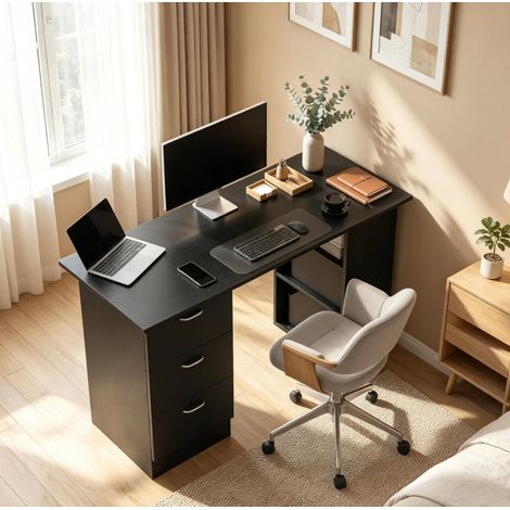 Bureau informatique 120 cm en MDF noir, 3 étagères et 3 tiroirs réversibles gauche ou droite, rangement spacieux pour travail, étude ou gaming, charge 20 kg – CHICFURN (1/5)