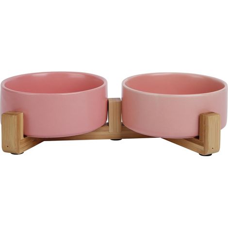 Gamelle Double en Céramique avec Support en Bambou, Design Élégant et Antidérapant, Capacité 2x400 ML, Couleur Rose, Idéale pour Chiens et Chats, Modèle Bon Appetit
