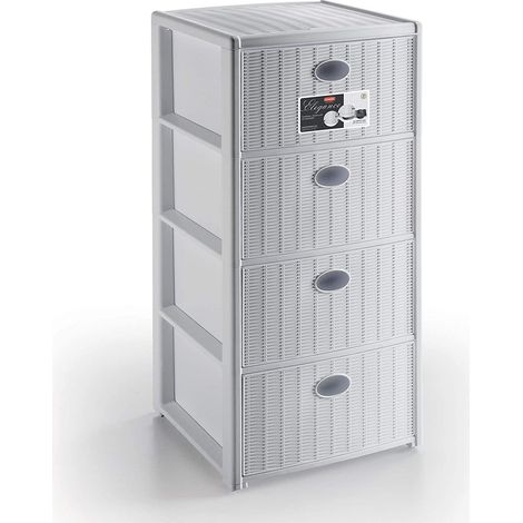 Commode 4 tiroirs 40x40 h 80 blanc – Étagères intermédiaires résistantes – Roues pivotantes – Fourni monté – Stefanplast (1/4)