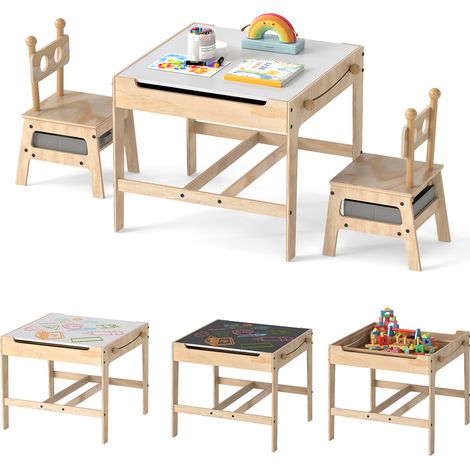 COSTWAY Kids Table & Chairs 4 in 1 Wooden Activity Desk Set-Grey (1/5)