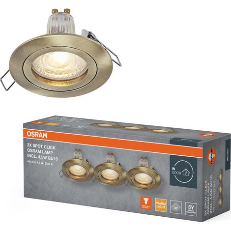 Spot Set Spot LED encastrable GU10 4,5W laiton patiné Click, 2700K blanc chaud, aluminium, fixation par clic, lot de 3 (1/3)