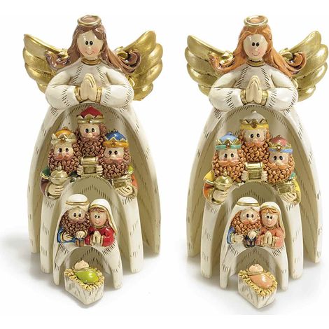 Presepe in resina a incastro componibile con 4 personaggi con dettagli in oro, set da 2 pezzi, cm 8 x 4,5 x 14 H