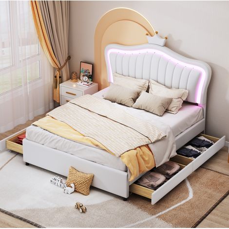Cama infantil tapizada 140/200 cm blanco de PU y madera con LED y 4 cajones (1/5)