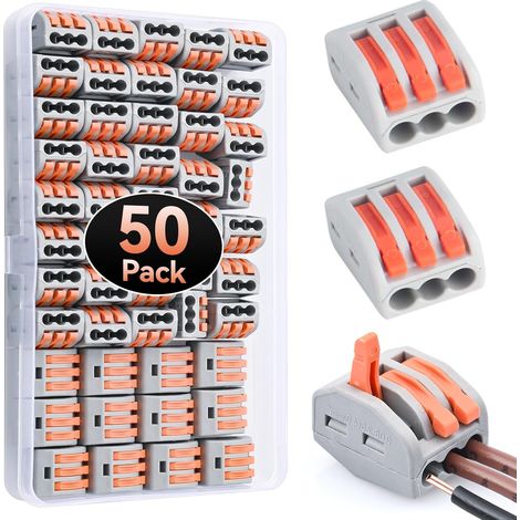 Conectores eléctricos de 3 vías PCT-213, 4 kV 32 A, 50 unidades para cables rígidos/flexibles de 0,08 a 4 mm², reutilizables y resistentes al fuego.