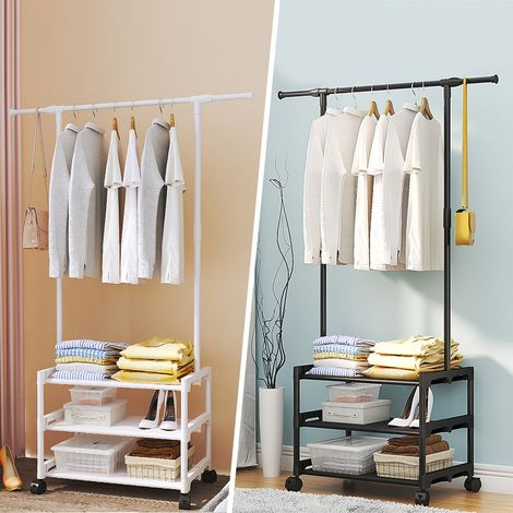 Appendiabiti su ruote con ripiani, cappelli, borse, scarpe, ruote per abiti portatili, armadio angolare in metallo, 3 livelli (1/5)