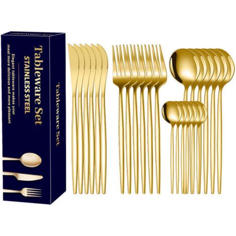 Set couverts de table 6 personnes dorés, ensemble de couverts inox 24 pièces, Comprend des couteaux/fourchettes/cuillères, fi (1/4)