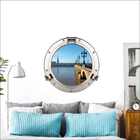 Sticker décoratif 3D pour fenêtre, Pont de pierre avec vue sur ville ancienne et lampadaires, 60x75cm (1/4)