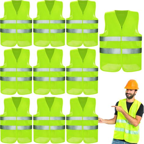 Lot de 10 gilets de sécurité, gilets fluorescents jaunes haute visibilité à 360°, gilets réfléchissants pour voiture, lavables. (1/4)