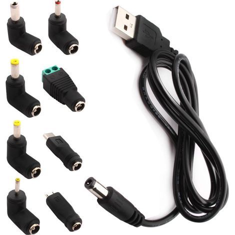 cable usb vers dc 5v,Câble USB vers DC d'alimentation,8-en-1 DC adaptateur alimentation 5.5 x 2.1mm DC Barrel Jack pour Ordinateur Portable, Routeur etc(1m, noir) (1/5)