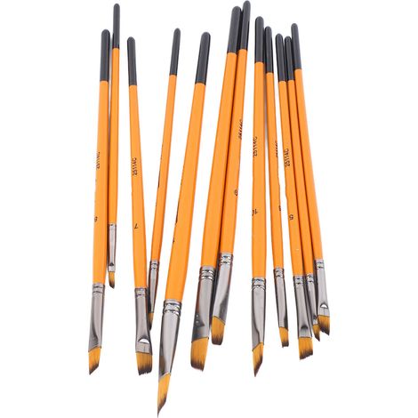 Lot de 12 pinceaux acryliques, corps en nylon lisse, manche en bois avec virole métallique, largement utilisés dans les arts et l'artisanat, corps orange, pointe biseautée. (1/5)