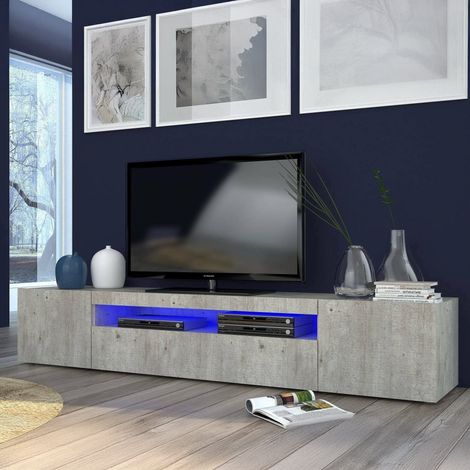 Dmora Mueble para TV para sala de estar, Made in Italy, Mueble para TV con 3 puertas y estantes, cm 200x40h37, Color cemento, con luz LED azul, con embalaje reforzado (1/3)