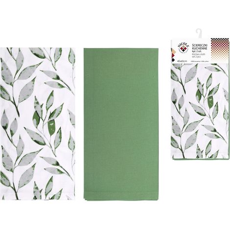 Lot de 2 torchons de cuisine en coton NICOLE, 40 x 60 cm, réf. 52330, blanc et vert, motif feuilles. (1/4)