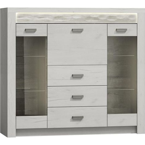 Commode Serfeno 105, Artisanat blanc, Tiroirs et portes, Nombre de tiroirs: 3, 122x137x42cm, LED: Disponible