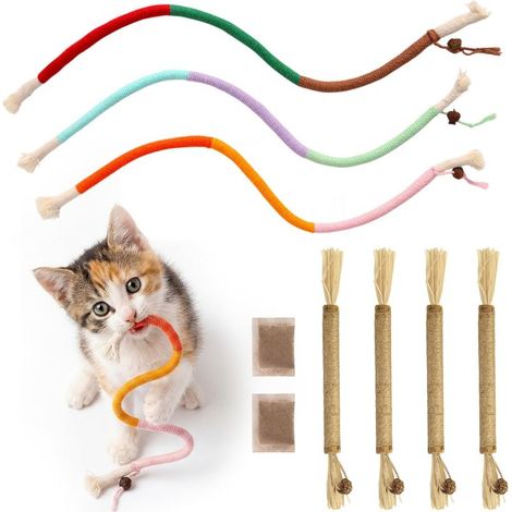 Katzenspielzeug, 7-teiliges Set aus Kauseilen und Katzenminzenstäbchen mit natürlicher Katzenminze und Katzengras, sicheres Katzenminzen-Kauspielzeug zur Reinigung (1/5)