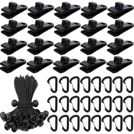 Lot de 60 Clip de Bâche Tente, 20PCS Pince pour Bâche Pince Verrouillage + 20PCS Tendeur Elastique Noir + 20PCS Mousqueton pour Auvent Fixation Camping Toile Ombrage (1/4)
