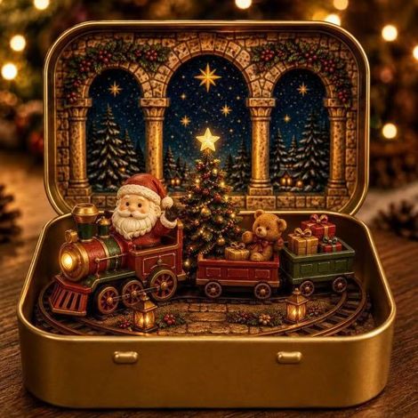 Unique and whimsical design: a candlelight meeting figurine inside a whimsical box - a Christmas train figurine -