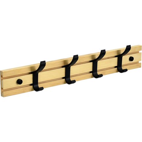 Porte-manteau mural en bois, patère avec 4 crochets doubles coulissants en métal noir, support de rangement pour manteaux, chapeaux, serviettes et peignoirs (1/5)