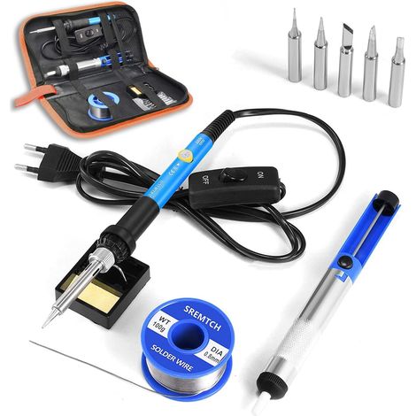 ZOLGINAH Kit de fer à souder électronique 60 W avec température réglable 200-450 °C et interrupteur Marche/Arrêt, 100g, 5 pannes à souder, pompe à dessouder, support avec éponge, sac en polyuréthane [ (1/5)
