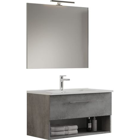 Mama Store GEA2 80 - Mobile Bagno Sospeso 80 CM Cassetto e Vano a Giorno Grigio Cemento con Lavabo, Specchio e Lampada LED, L.81 X P.45 X H.46 cm (1/2)