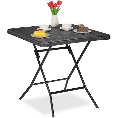 Relaxdays Mesa de Jardín Efecto Madera, Cuadrada, 74x78x78 cm, Mesita Balcón, Plástico, Metal, Mesilla Exterior, Negro
