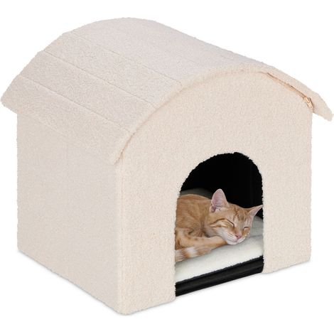 Relaxdays Cat Cave, Foldable, Fluffy, Sleeping Place with Scratching Surface, HxWxD: 44 x 48 x 41 cm, Beige/Tan (1/5)