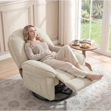 Sillón relax reclinable 145° con función giratoria y mecedora, reposapiés y bolsillos, tapizado en poliéster blanco crema (1/5)