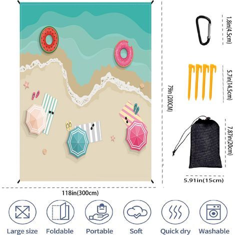 Tapis de plage 200x300 cm motif plage dorée - Anti-sable imperméable - Grand format pour famille pique-nique camping - Housse filet noir (1/5)