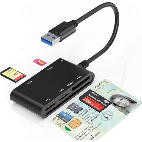USB-A Belgian ID Card Reader - Lecteur Carte Identité Belge, ID, TF, SD, MMC, SIM, M2, Memory Stick Pro Duo -Prend en Charge Les Cartes à Digital Signature, DNI, Carte de Santé, Lecteur Eid Belgique (1/5)