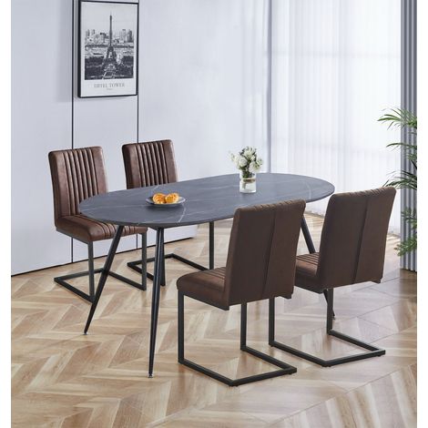 Hallowood Furniture Cullompton Large Oval Dining Table and Chairs Set 4, (160cm) Grey Marble Effect Kitchen Table and Chairs with Cantilever Design in Brown Leather Effect for Home or Café (1/5)