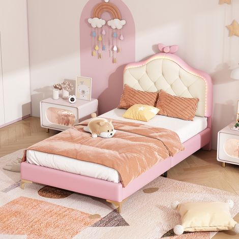 Cama infantil sencilla 90x200 cm en PU rosa y blanco con LED, FloraGrace (1/5)