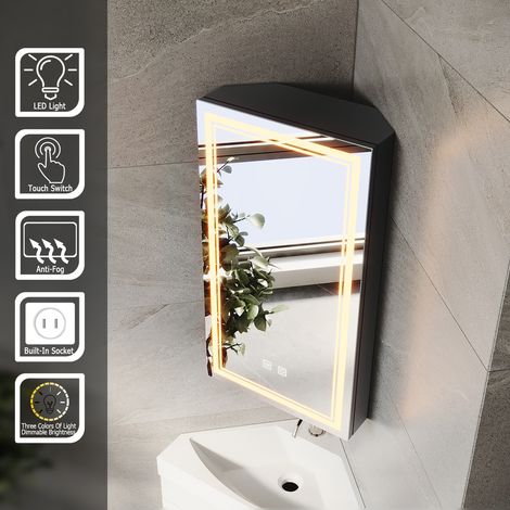 ELEGANT Corner Bathroom Mirror Cabinet With Demister Shaver Socket 3 LED Lights 385x700mm