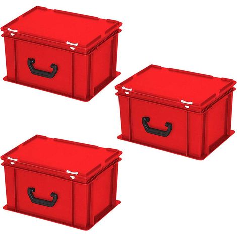 BRB 3 valises en plastique au format européen, 1 poignée de transport sur un côté longitudinal, 400 x 300 x 230 mm, rouge