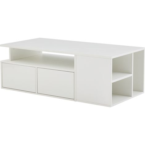Weißer Couchtisch mit LED 100 x 50 x 35 cm, 2 Schubladen und viel Stauraum (1/5)