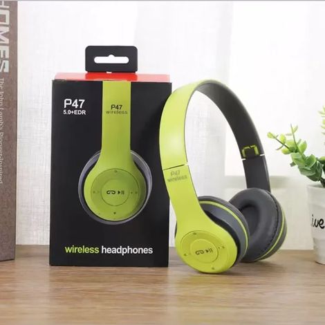 Écouteurs Bluetooth sans fil (verts) avec microphone HD, pliables, stéréo, adaptés au sport et aux jeux vidéo. (1/5)