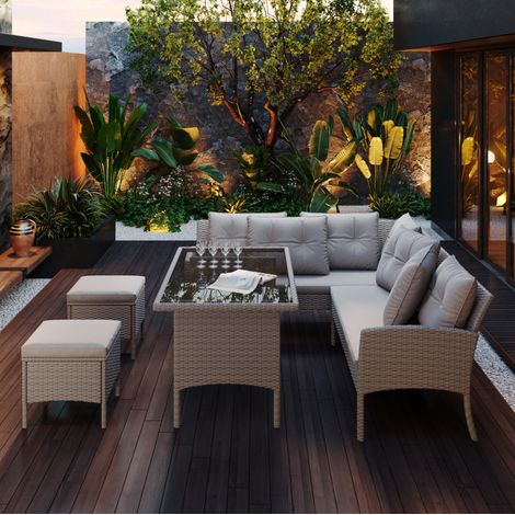 7-teiliges Gartenmöbelset aus PE-Rattan und Stahl in Khaki, mit Esstisch, Sofas, Hockern, Kissen und Glasplatte (1/5)