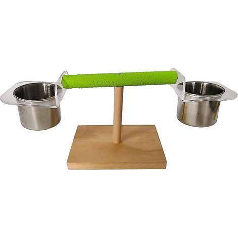 Perchoir pour perroquet en bois naturel avec gamelles en métal - Jouet d'entraînement (1/4)