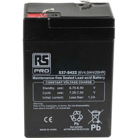 Rs Pro – Batterie au plomb étanche 6V 4Ah cyclique – Fabrication AGM – Applications cycliques – Dimensions 70 x 47 x 100mm – Poids 740g