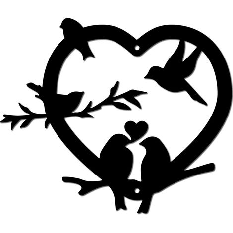 Décoration Murale Métal Forme D'Oiseau Forme Cœur Oiseaux sur la Branche Décoration Murale Suspendre Sculpture pour Balcon,Jardin,Maison,Salon Décoration Extérieure Noir 30x20 cm (1/5)