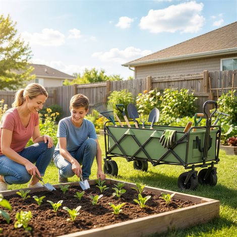 Carro de jardín plegable de 130 litros con ruedas, remolque robusto con frenos, asa ajustable, color verde. (1/5)