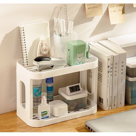 Support de rangement double étage en plastique PP au design minimaliste, étagères ajourées, base antidérapante, parfait pour ranger petits objets dans la cuisine, bureau et autres pièces de la maison (1/5)