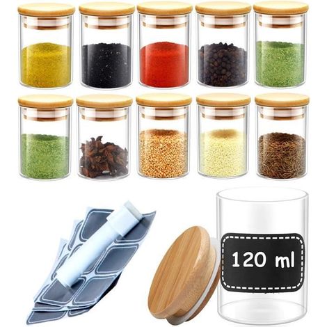 Pot a Epices en Verre - Lot de 10 Bocaux en Verre et 10 Etiquettes - 120ml - Hermétique - Lavable au Lave-Vaisselle (1/4)