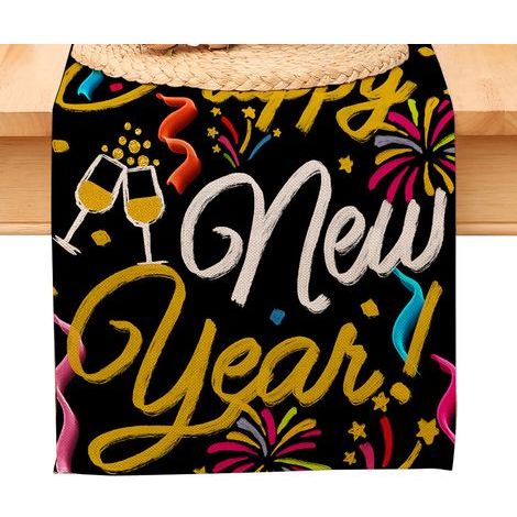Chemin de table « Bonne année ». nappe noire et or à pois et étoiles. décoration pour la maison et la cuisine. ambiance champêtre. linge de table en toile de jute pour les fêtes d'hiver 2026 (1/5)