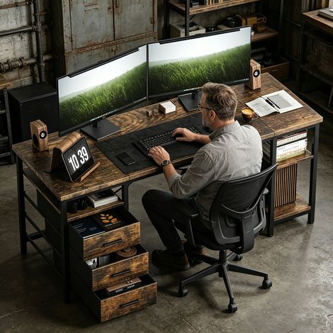 Bureau avec rangement, Bureau Gaming 120×60×75 cm, bureau d'étude à 3 tiroirs,bureau gamer avec 3 Étagères (1/5)