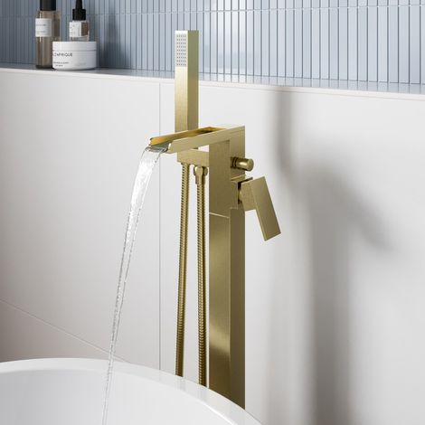 Brushed Brass Freestanding Shower Mixer Tap with Handset Square Handle (1/5)