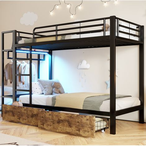 REDOM - Letto a castello 90x200 cm con LED, 2 cassetti, mensole e asta appendiabiti, in metallo e MDF nero (materasso non incluso) (1/5)