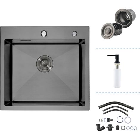 Petit Évier Cuisine, Inox Noir 50x50, 1 Bac, Carré, 2 Trous Robinet (1/5)