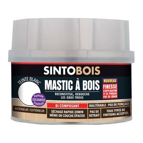 Sinto – Mastic à bois fin blanc 570g – Bi-composants sans styrène – Ponçable en 20 minutes – Pour bois dur et dérivés