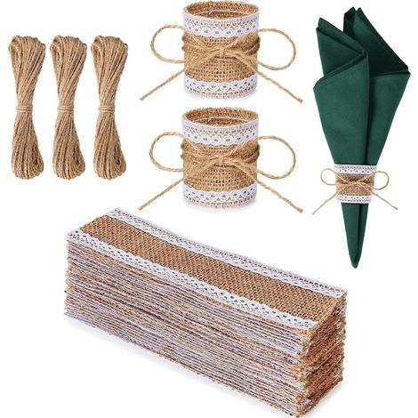 100 pièce Ronds De Serviette en Toile de Jute Ronds De Serviette De Table Anneau Serviette De Table Décoration De Table pour Mariage, Banquet, Fête, Anniversaire (Dentelle des côtés) (1/5)