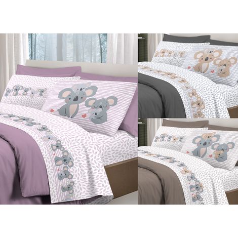 Completo Lenzuola Letto Pensieri Delicati 100% Cotone Dis. Koala Family, misuraSingolocoloreRosa