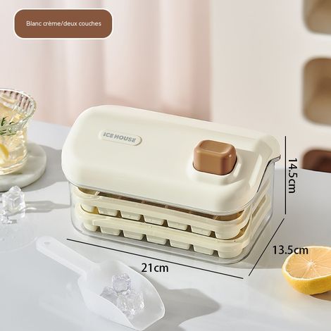 Moule à glaçons double couche avec pression, 64 cavités, libération instantanée en 0,1s, design étanche, couleur blanc crème, avec pelle à glace